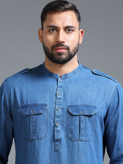 Men’s Blue Denim Pathani Set with White Salwar