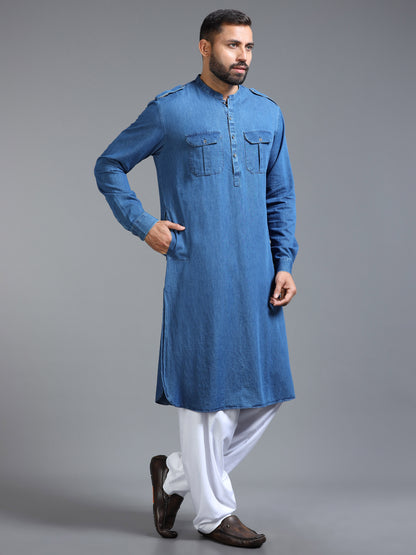 Men’s Blue Denim Pathani Set with White Salwar
