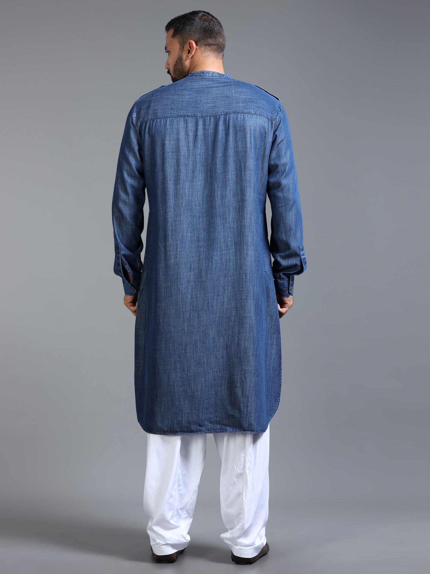 Men’s Deep Indigo Blue Pathani Set with White Salwar