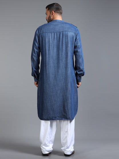 Men’s Deep Indigo Blue Pathani Set with White Salwar