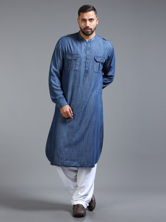 Men’s Deep Indigo Blue Pathani Set with White Salwar