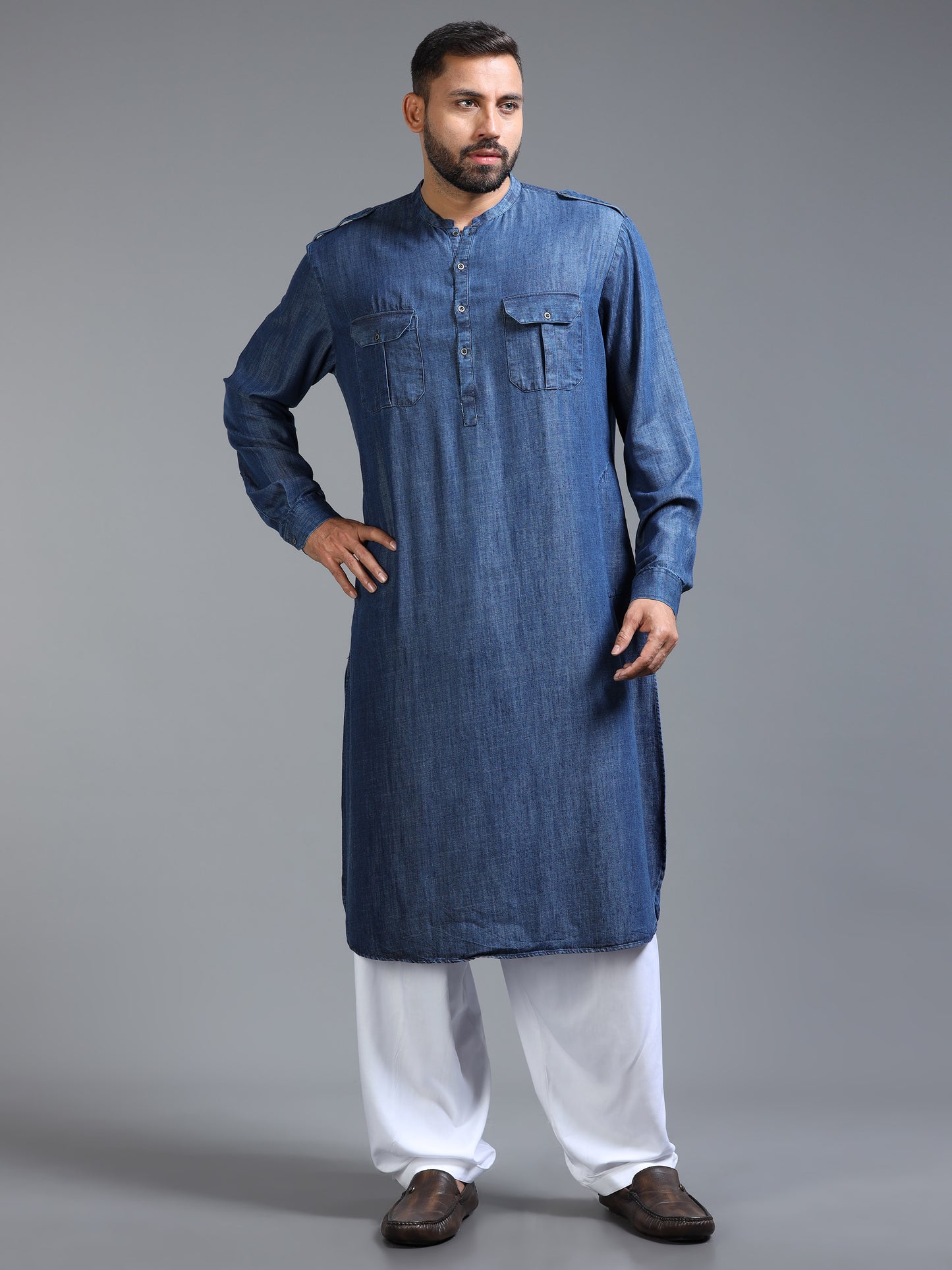 Men’s Deep Indigo Blue Pathani Set with White Salwar