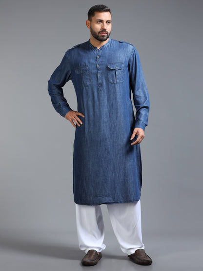 Men’s Deep Indigo Blue Pathani Set with White Salwar
