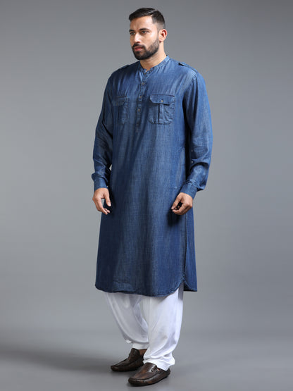 Men’s Deep Indigo Blue Pathani Set with White Salwar