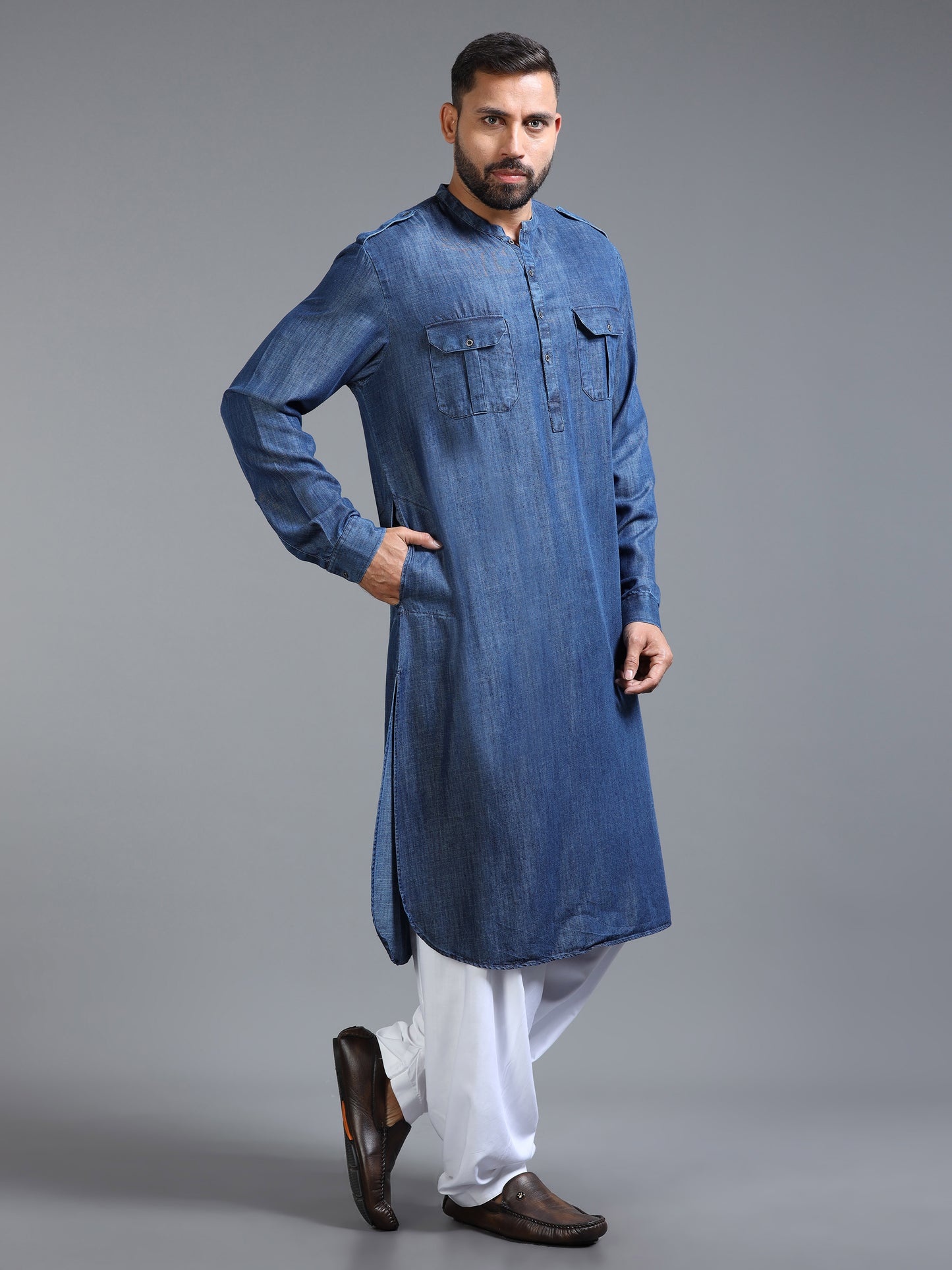 Men’s Deep Indigo Blue Pathani Set with White Salwar