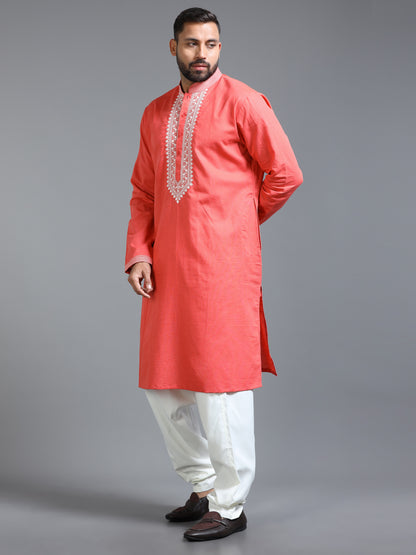 Men Coral Pink Kurta Pyjama Set with Ivory Embroidered Neck