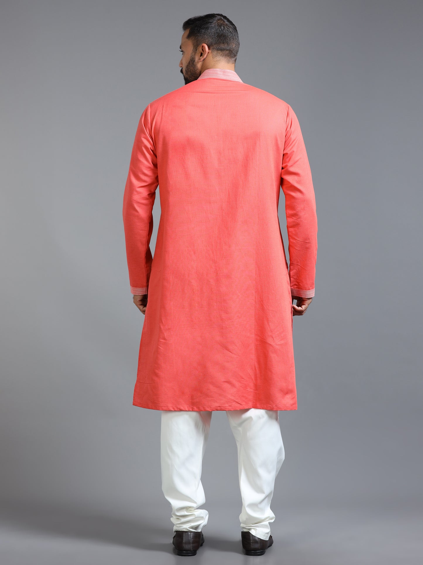 Men Coral Pink Kurta Pyjama Set with Ivory Embroidered Neck