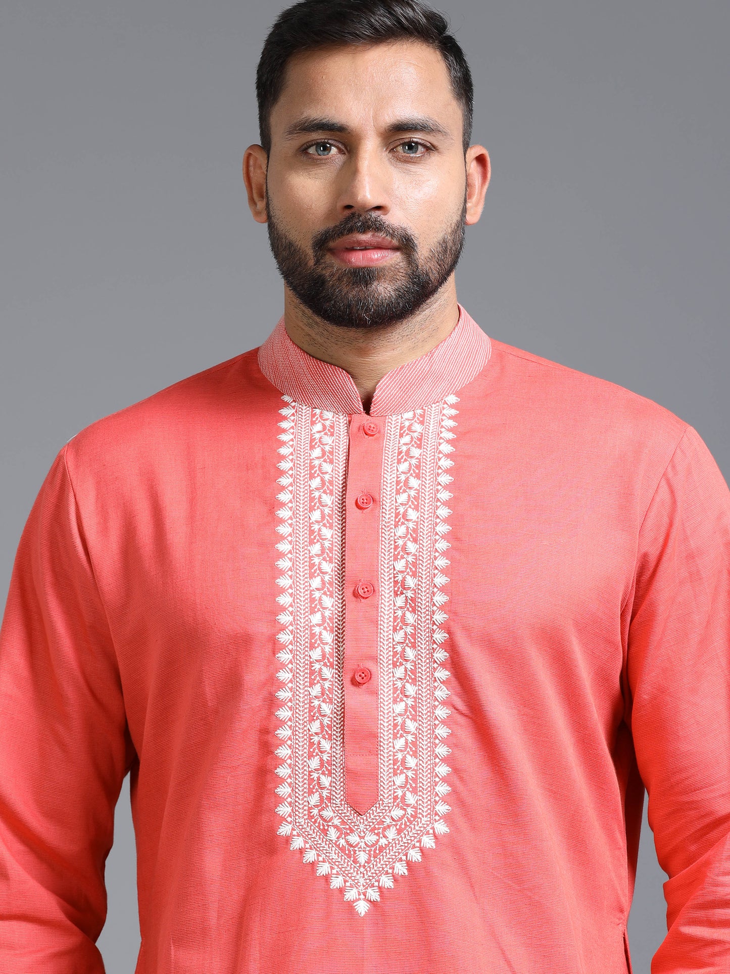 Men Coral Pink Kurta Pyjama Set with Ivory Embroidered Neck