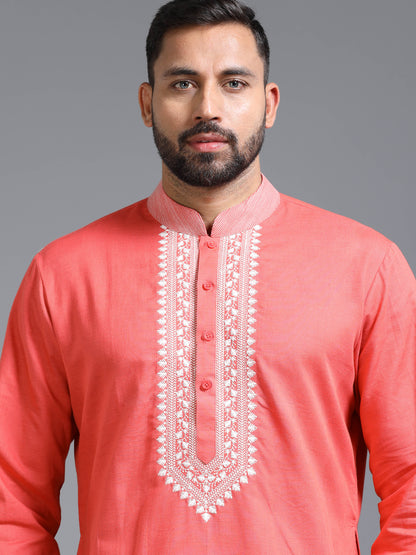 Men Coral Pink Kurta Pyjama Set with Ivory Embroidered Neck