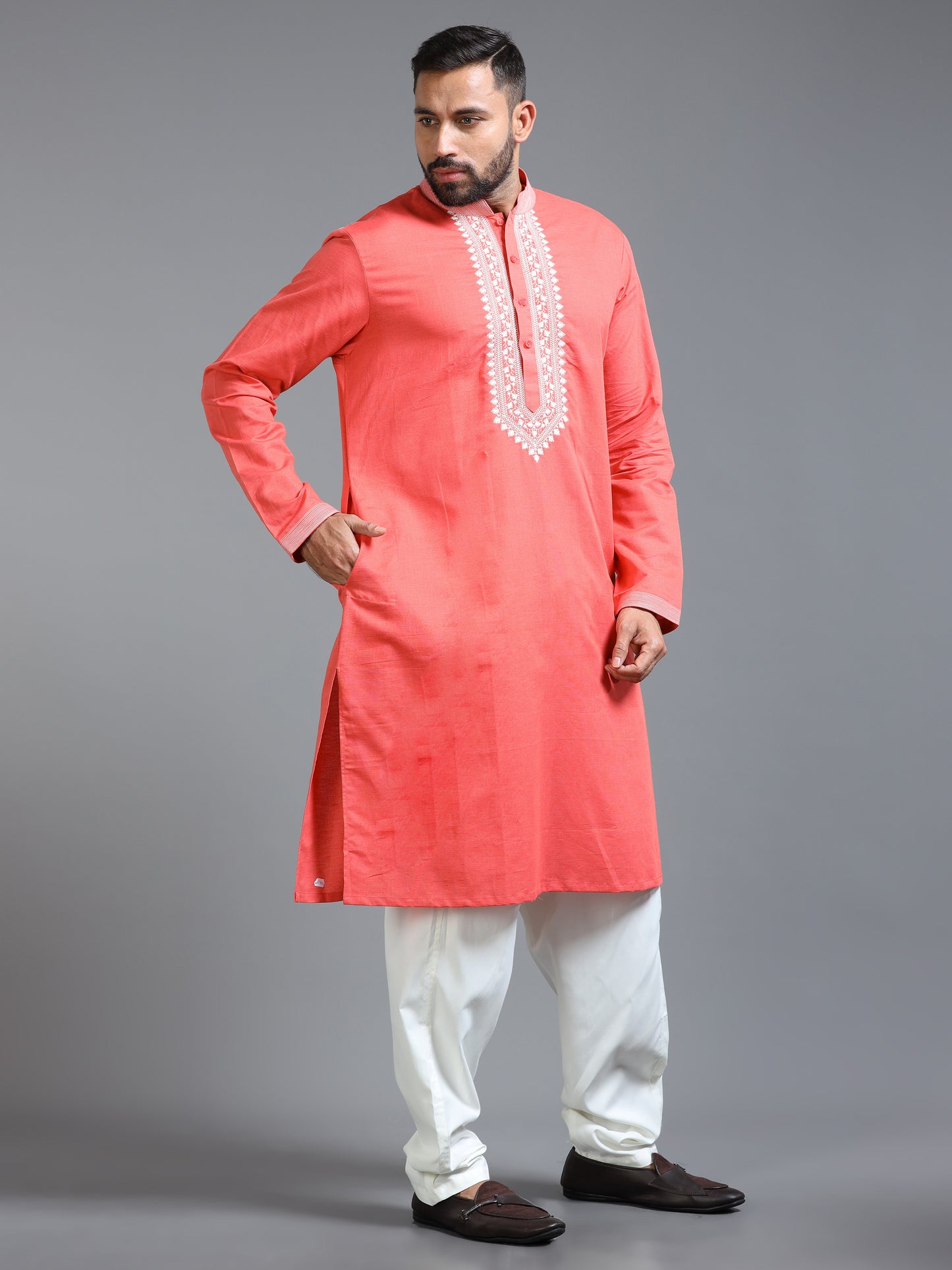 Men Coral Pink Kurta Pyjama Set with Ivory Embroidered Neck