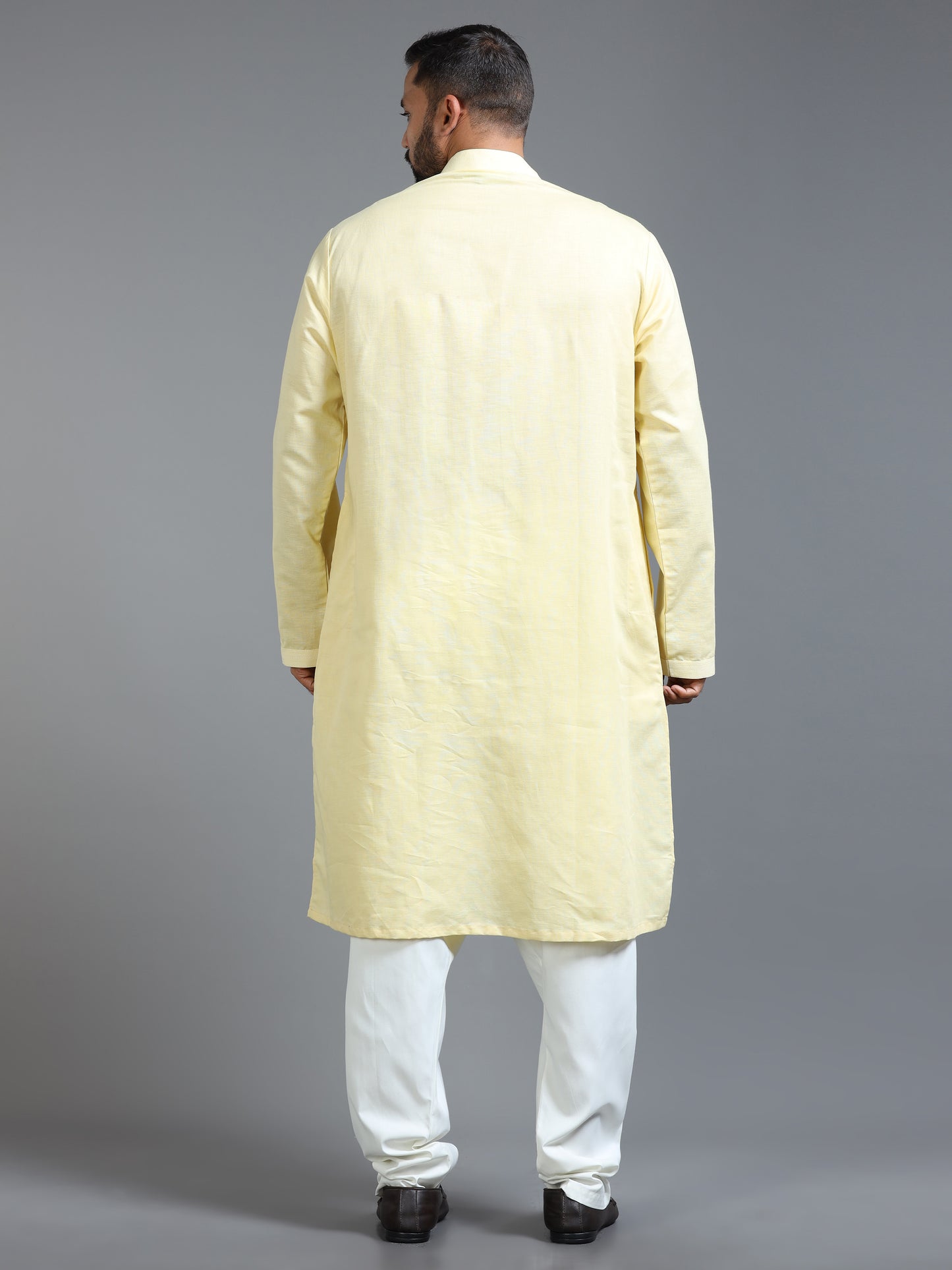 Men Pastel Yellow Kurta Pyjama Set with Ivory Embroidered Neck