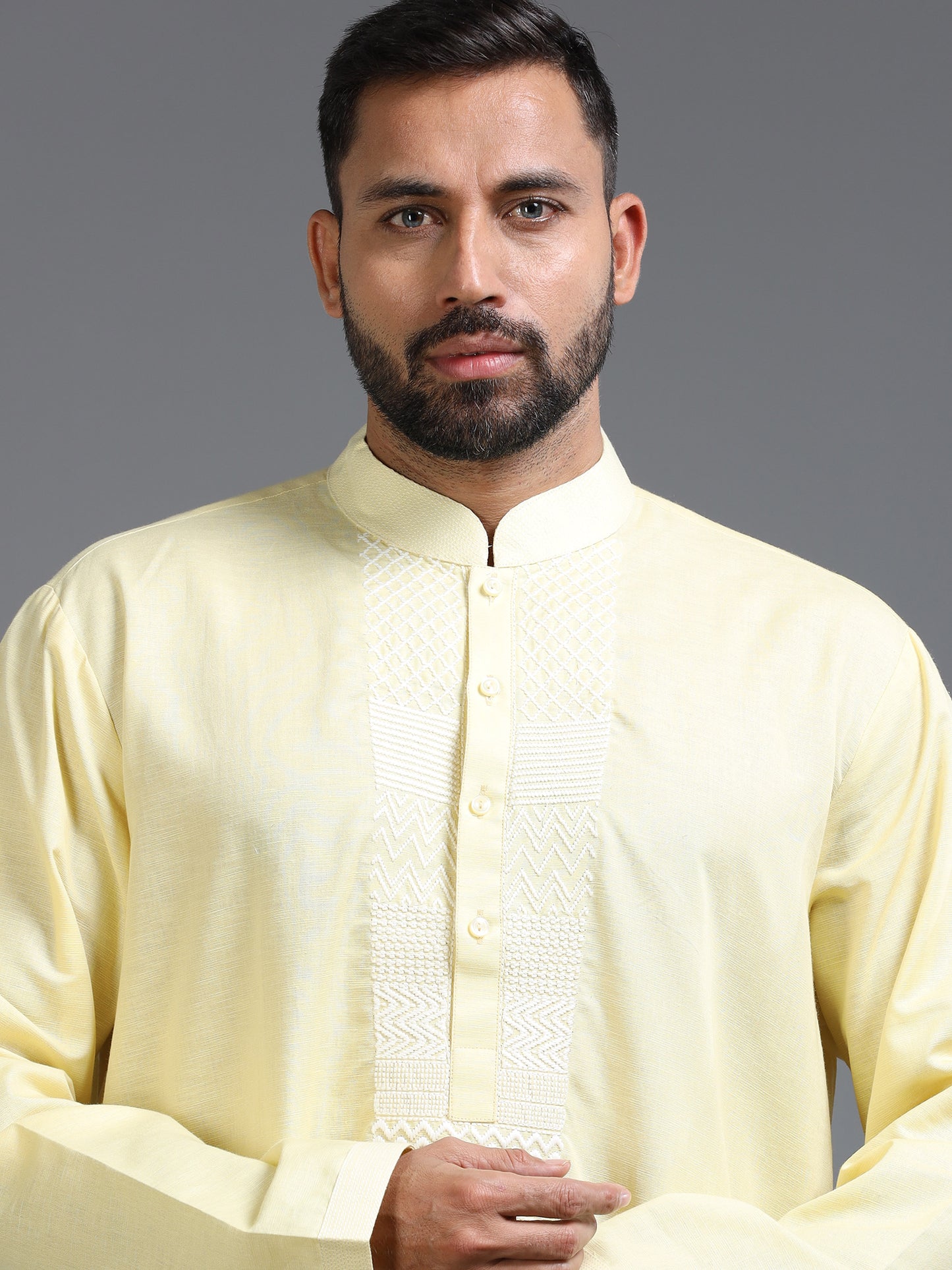 Men Pastel Yellow Kurta Pyjama Set with Ivory Embroidered Neck