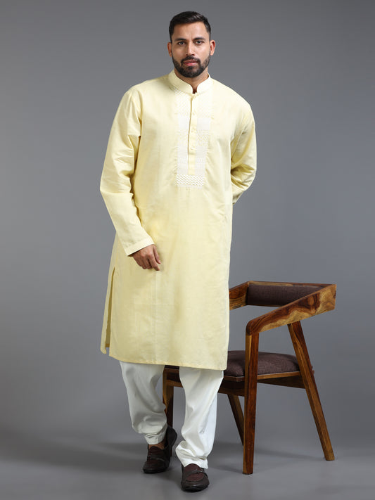 Men Pastel Yellow Kurta Pyjama Set with Ivory Embroidered Neck