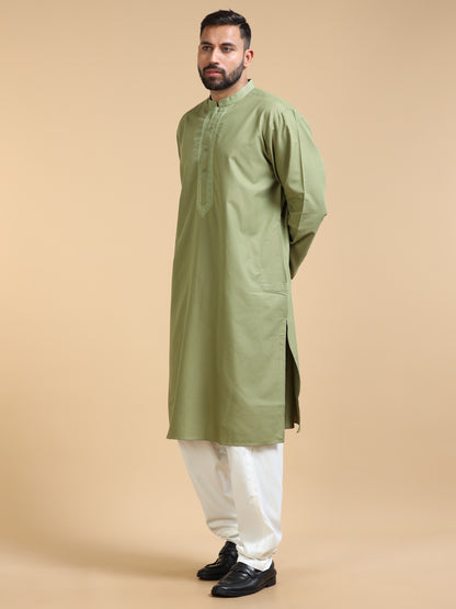 Men’s Light Olive Green Cotton Kurta Set