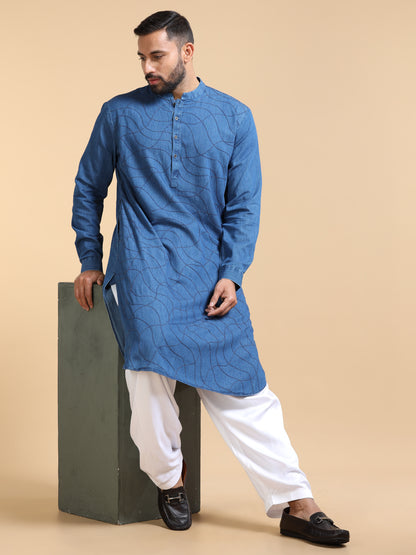 Men’s Dusty Blue Denim  Textured Pathani Set with White Salwar