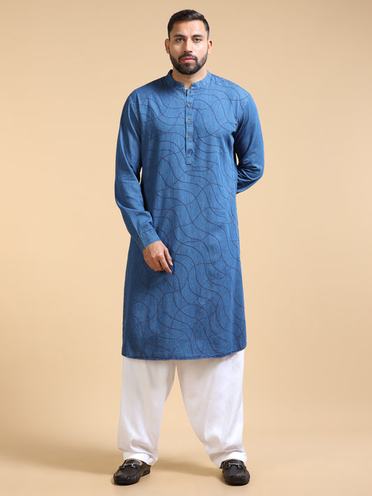 Men’s Dusty Blue Denim  Textured Pathani Set with White Salwar