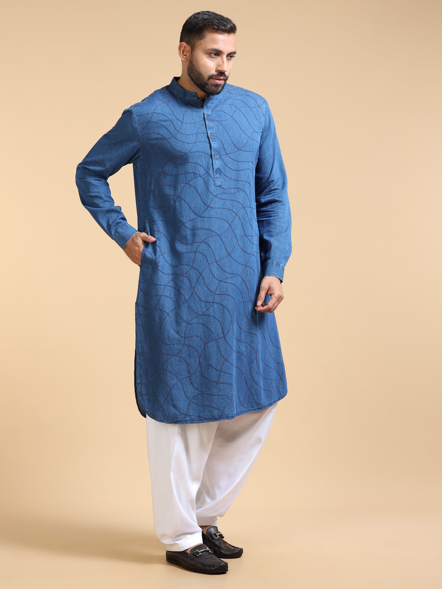 Men’s Dusty Blue Denim  Textured Pathani Set with White Salwar