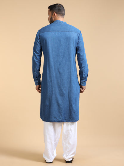 Men’s Dusty Blue Denim  Textured Pathani Set with White Salwar