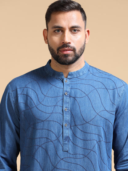 Men’s Dusty Blue Denim  Textured Pathani Set with White Salwar