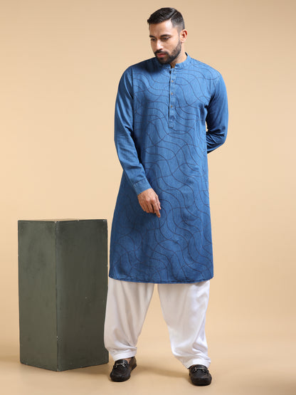 Men’s Dusty Blue Denim  Textured Pathani Set with White Salwar