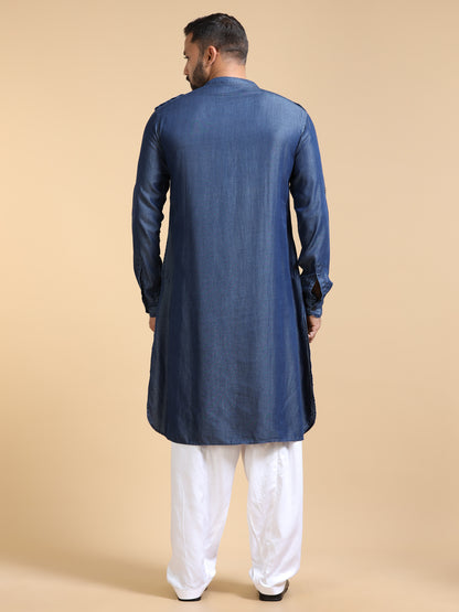 Men’s Blue Denim Pathani Set with White Salwar