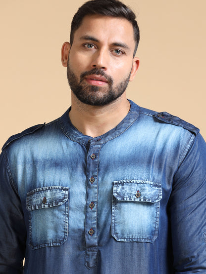 Men’s Blue Denim Pathani Set with White Salwar
