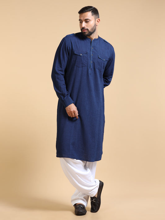 Men’s Deep Navy Blue Denim Pathani Set with White Salwar