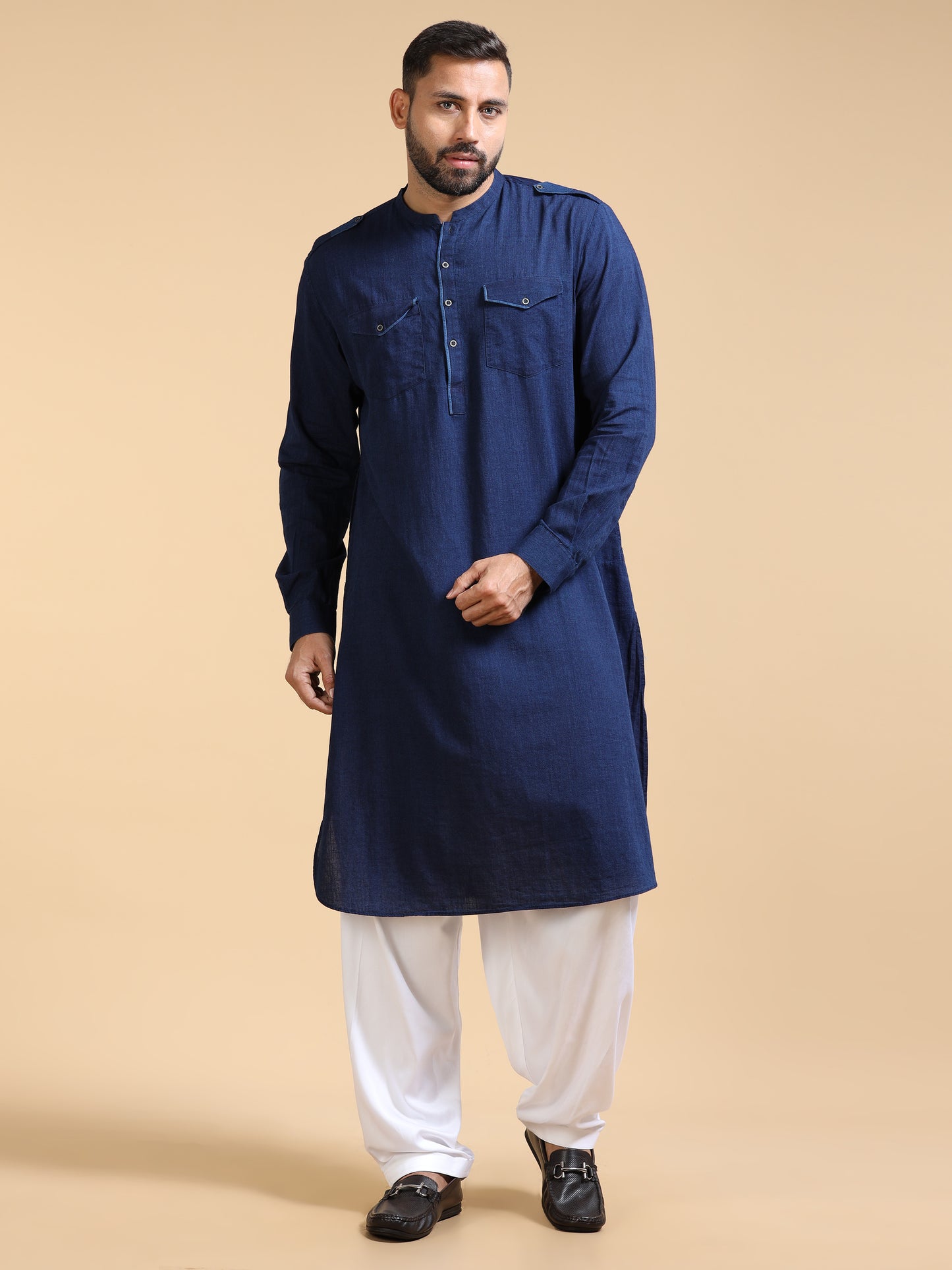 Men’s Deep Navy Blue Denim Pathani Set with White Salwar