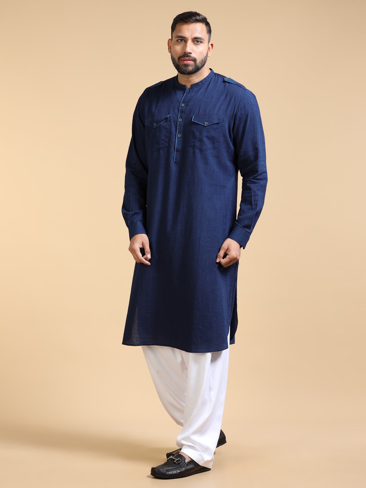 Men’s Deep Navy Blue Denim Pathani Set with White Salwar