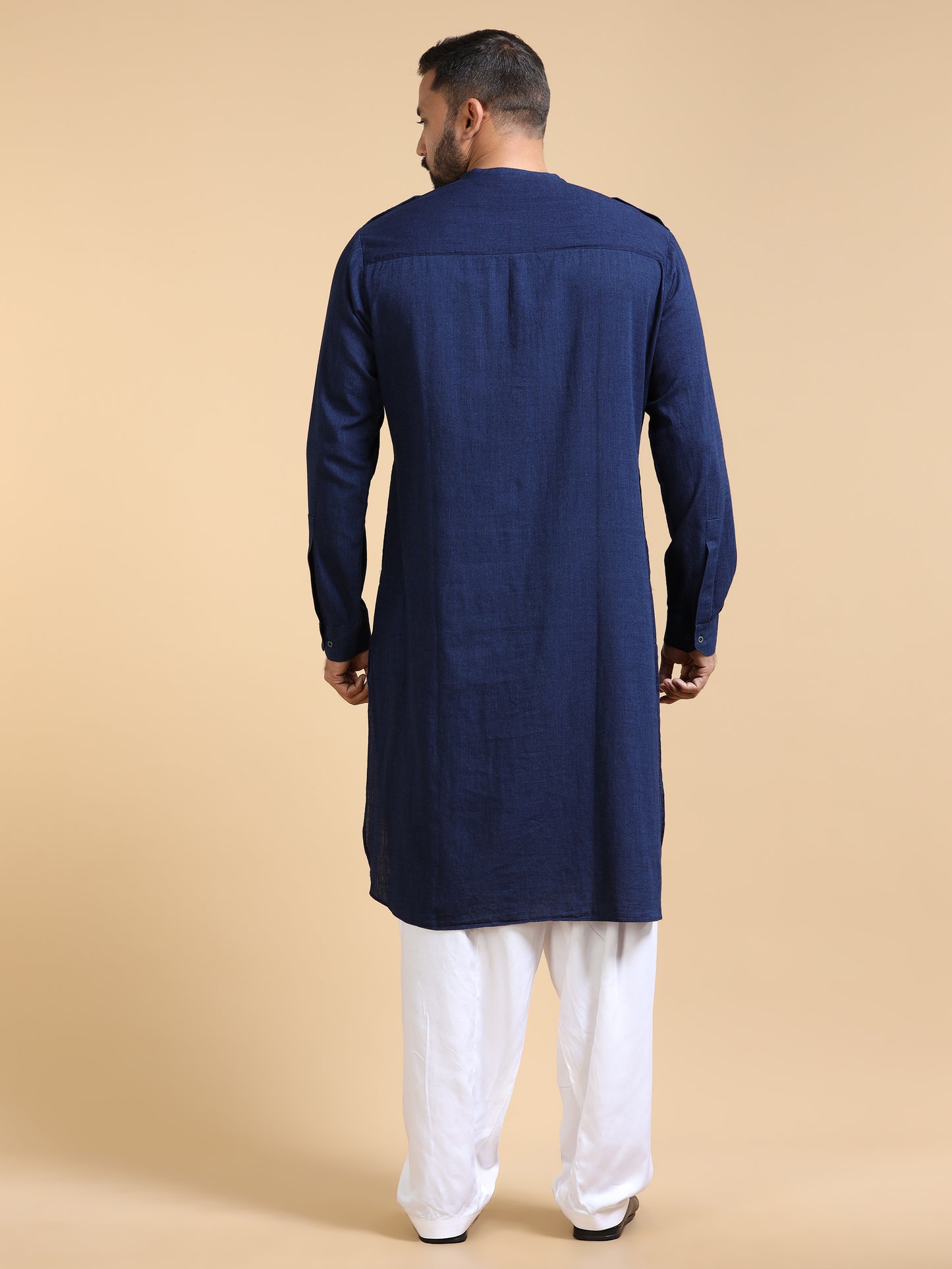 Men’s Deep Navy Blue Denim Pathani Set with White Salwar