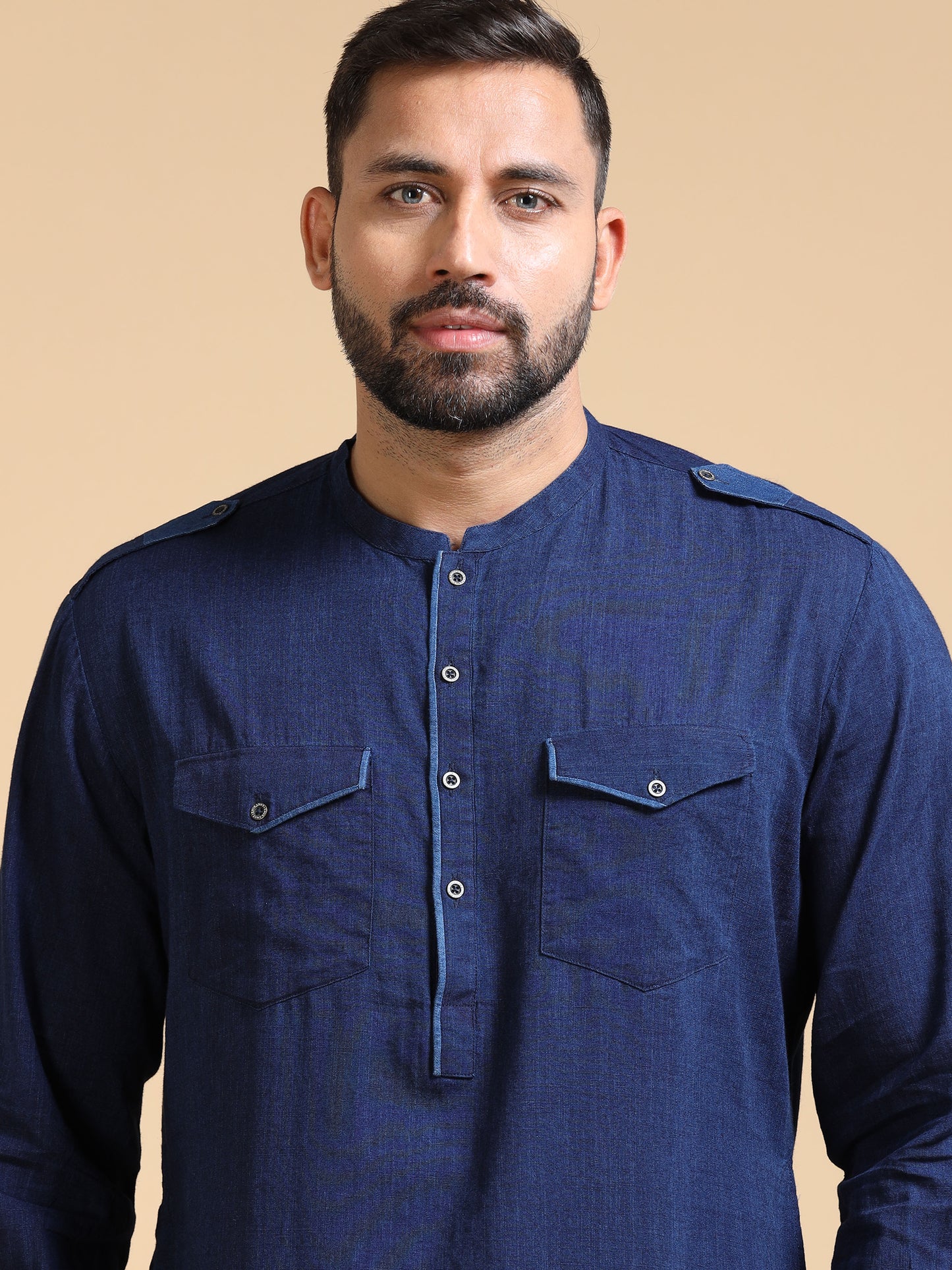 Men’s Deep Navy Blue Denim Pathani Set with White Salwar