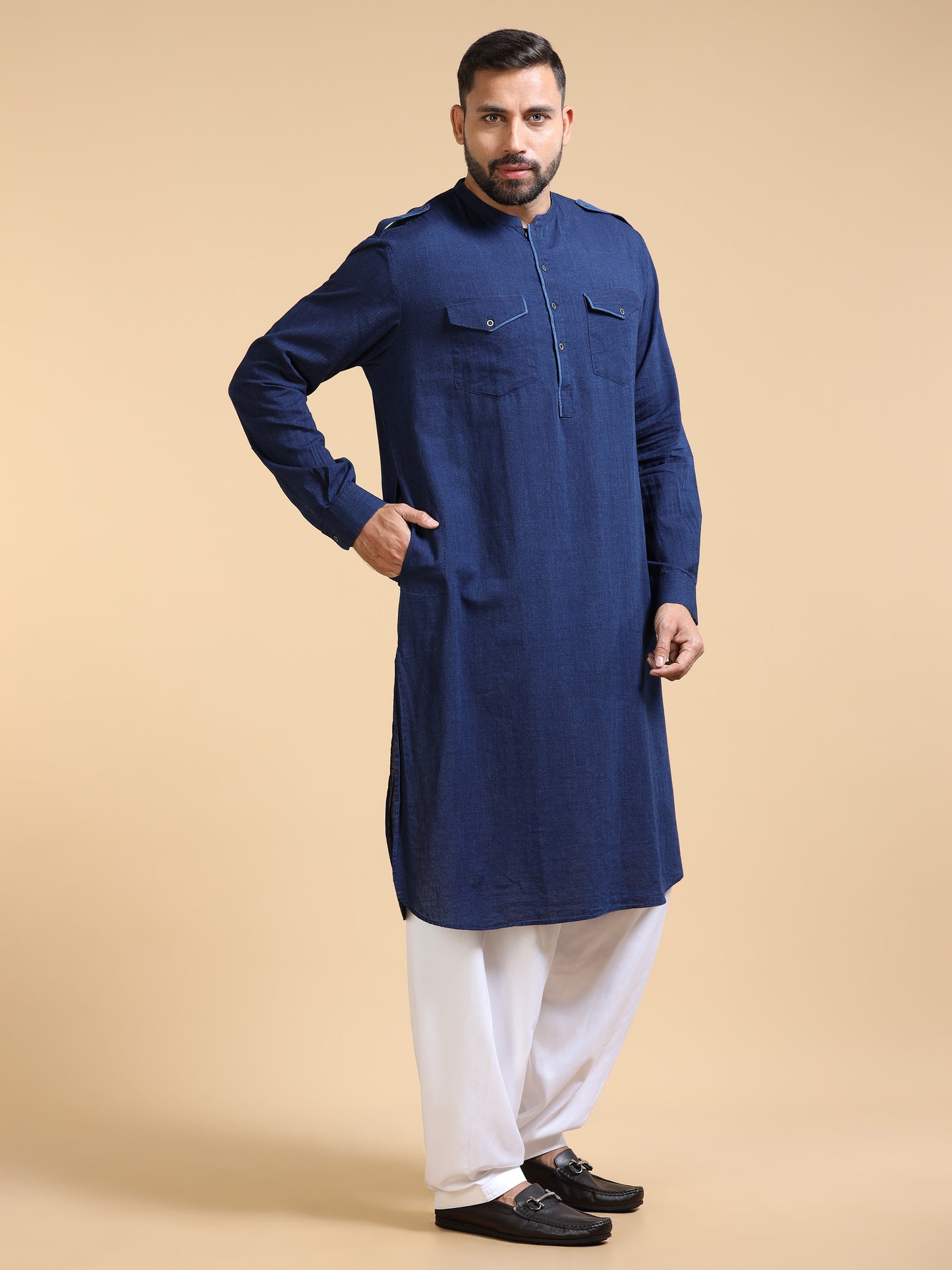 Men’s Deep Navy Blue Denim Pathani Set with White Salwar