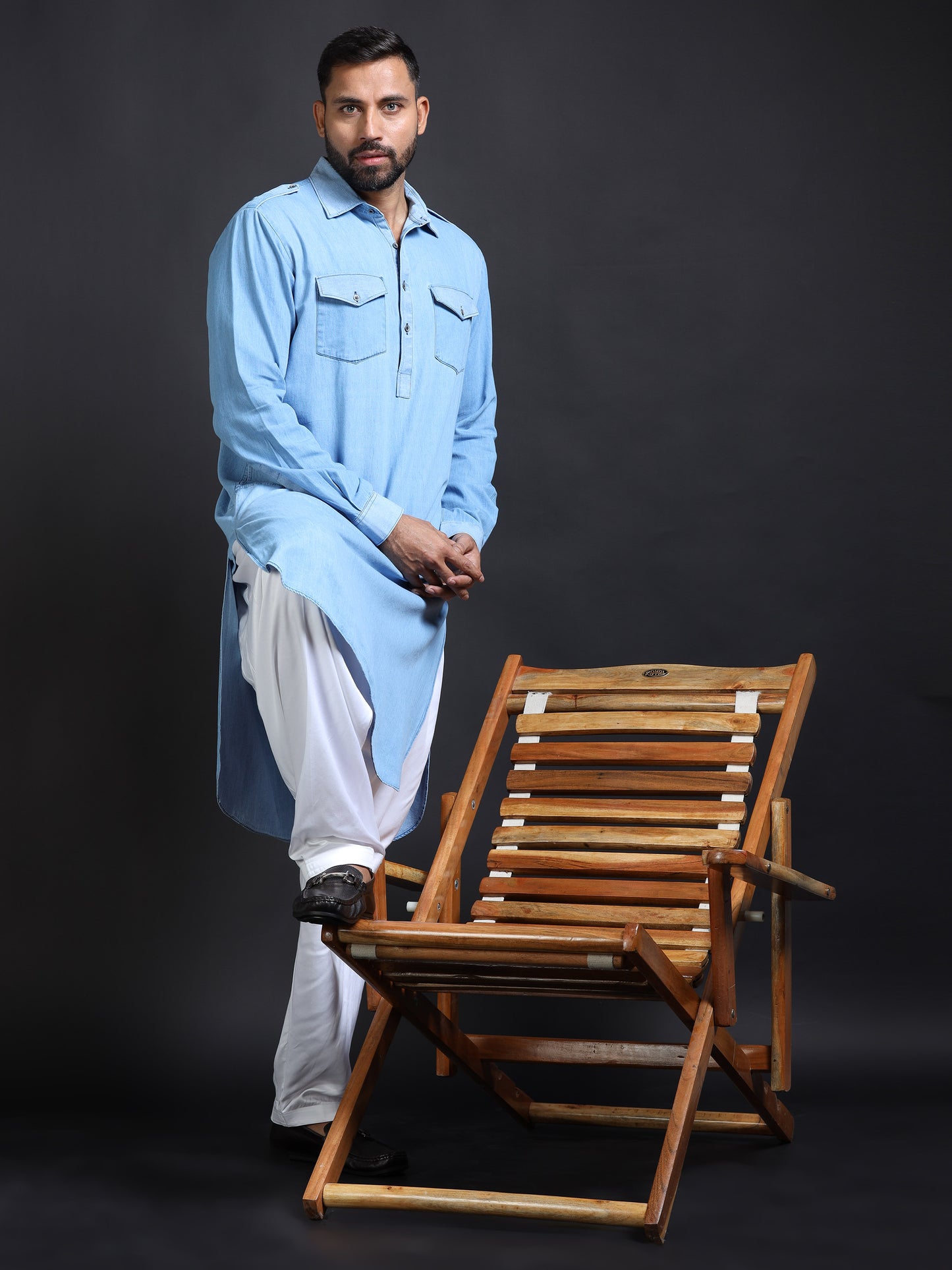 Men’s Blue Denim Pathani Set with White Salwar