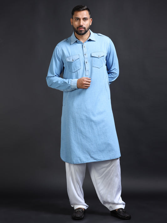 Men’s Blue Denim Pathani Set with White Salwar