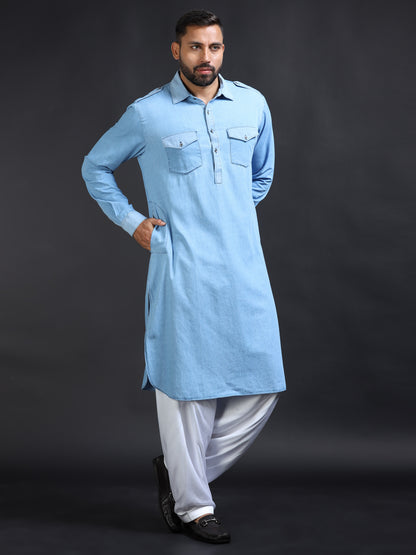 Men’s Blue Denim Pathani Set with White Salwar