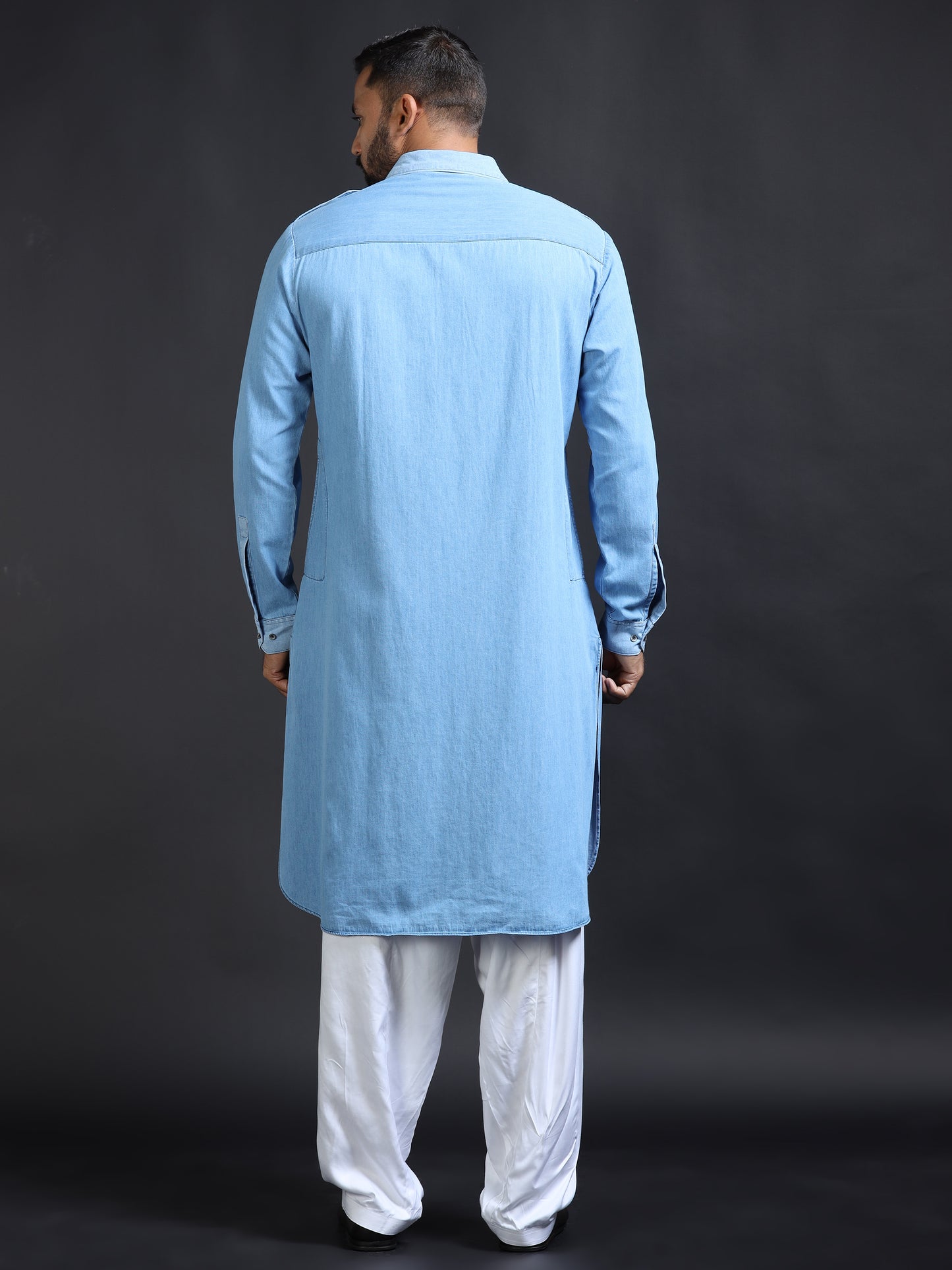 Men’s Blue Denim Pathani Set with White Salwar
