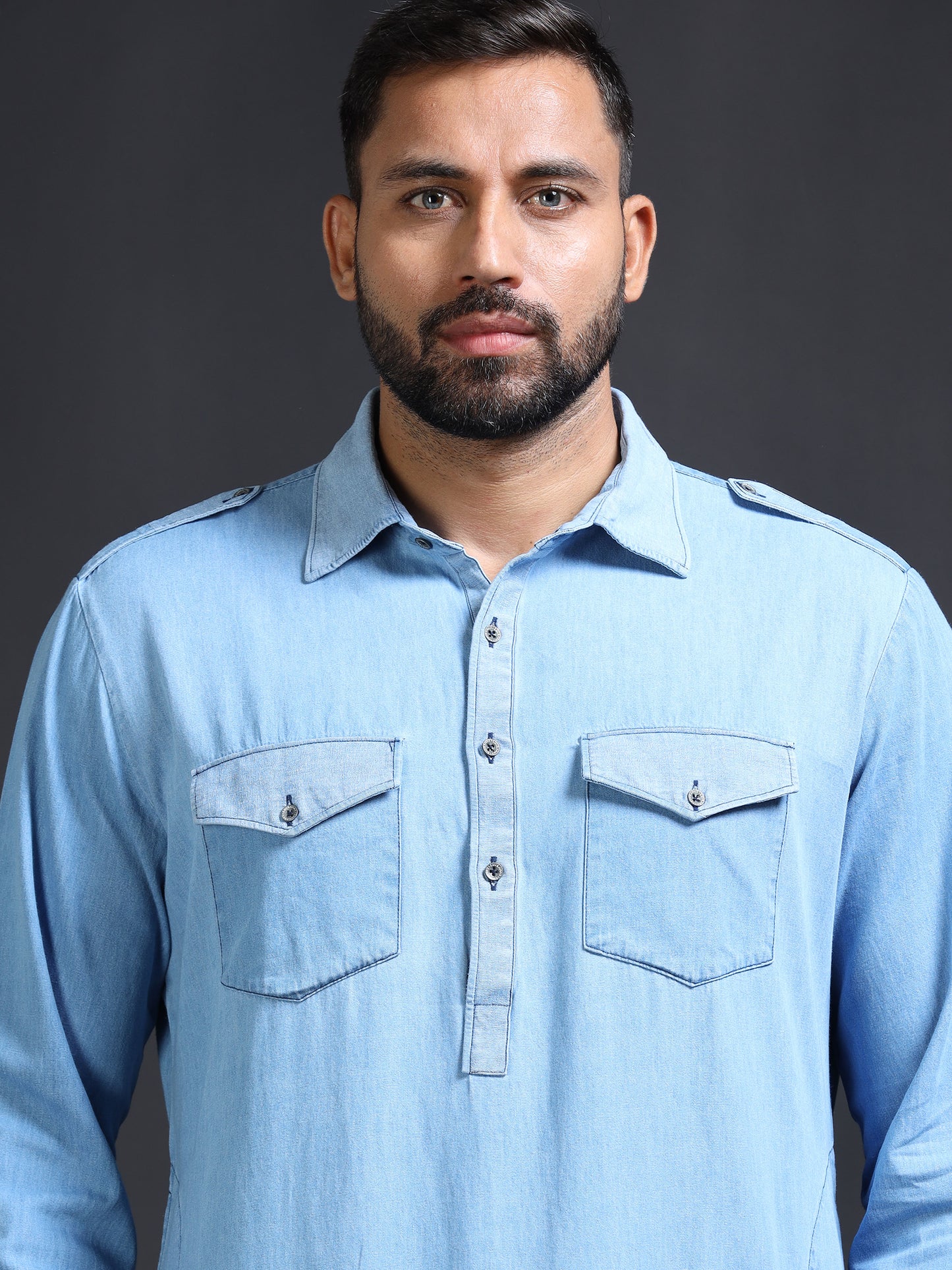Men’s Blue Denim Pathani Set with White Salwar