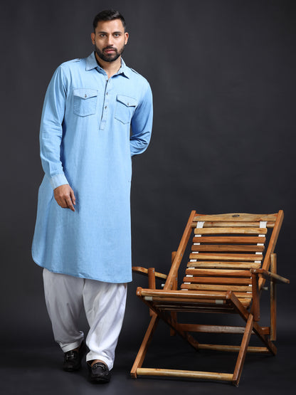 Men’s Blue Denim Pathani Set with White Salwar