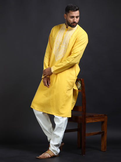 Men’s Yellow Kurta Pajama Set with Ivory Embroidered Neck