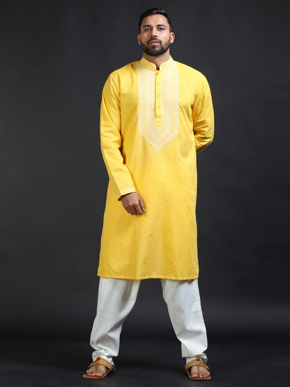 Men’s Yellow Kurta Pajama Set with Ivory Embroidered Neck