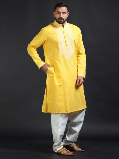 Men’s Yellow Kurta Pajama Set with Ivory Embroidered Neck
