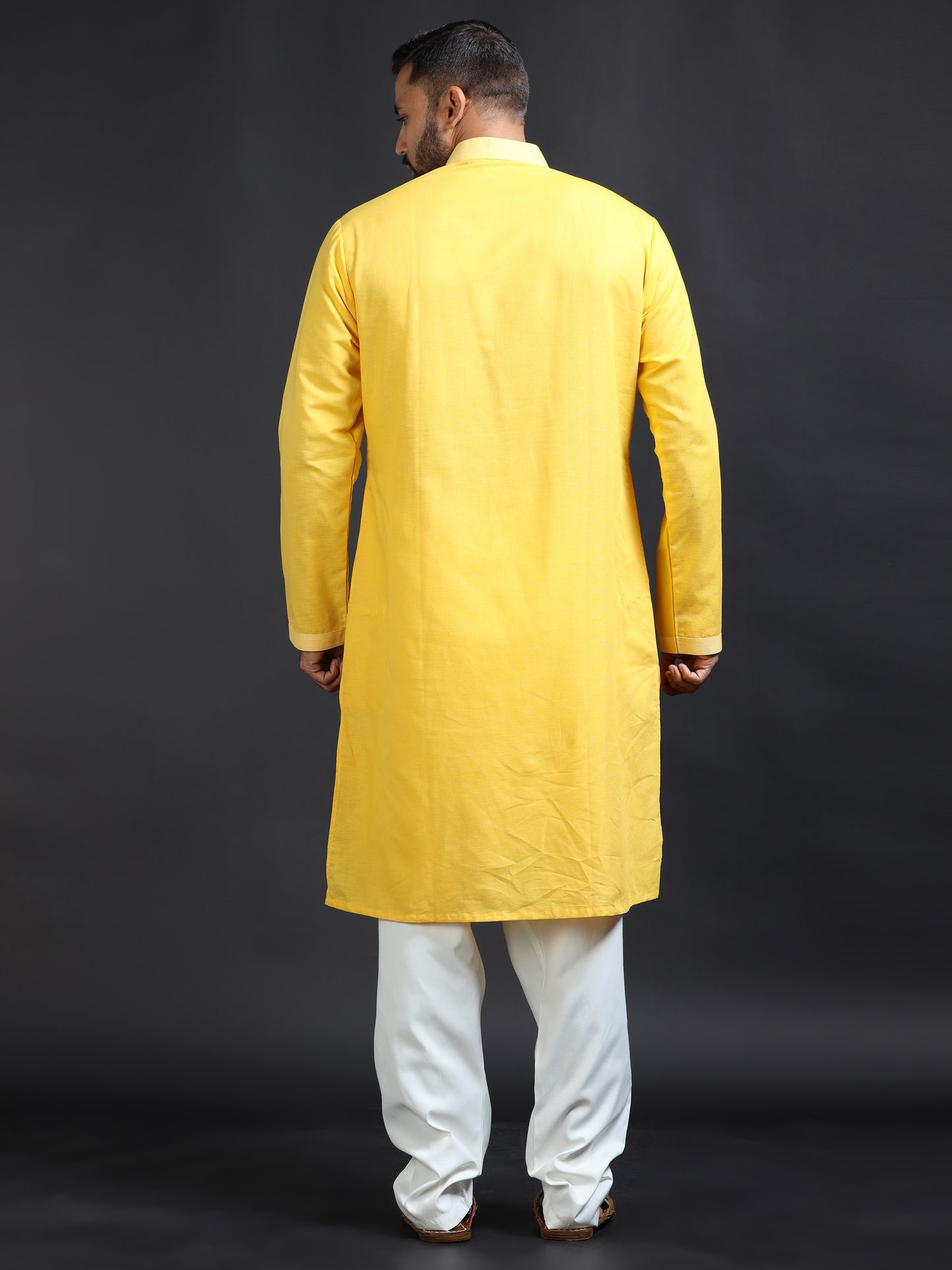 Men’s Yellow Kurta Pajama Set with Ivory Embroidered Neck