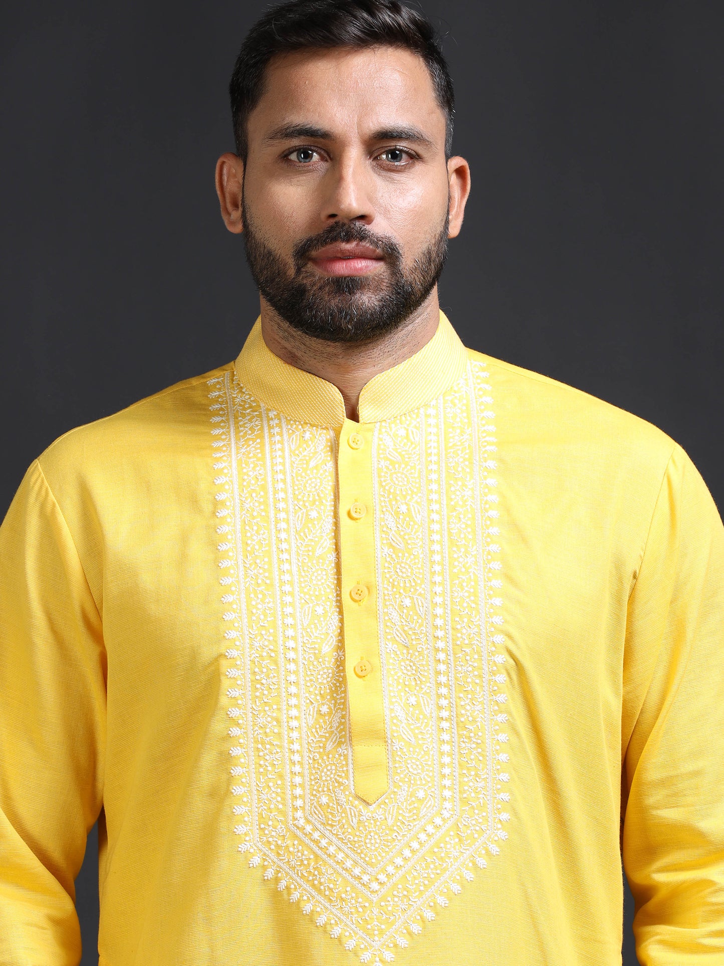 Men’s Yellow Kurta Pajama Set with Ivory Embroidered Neck