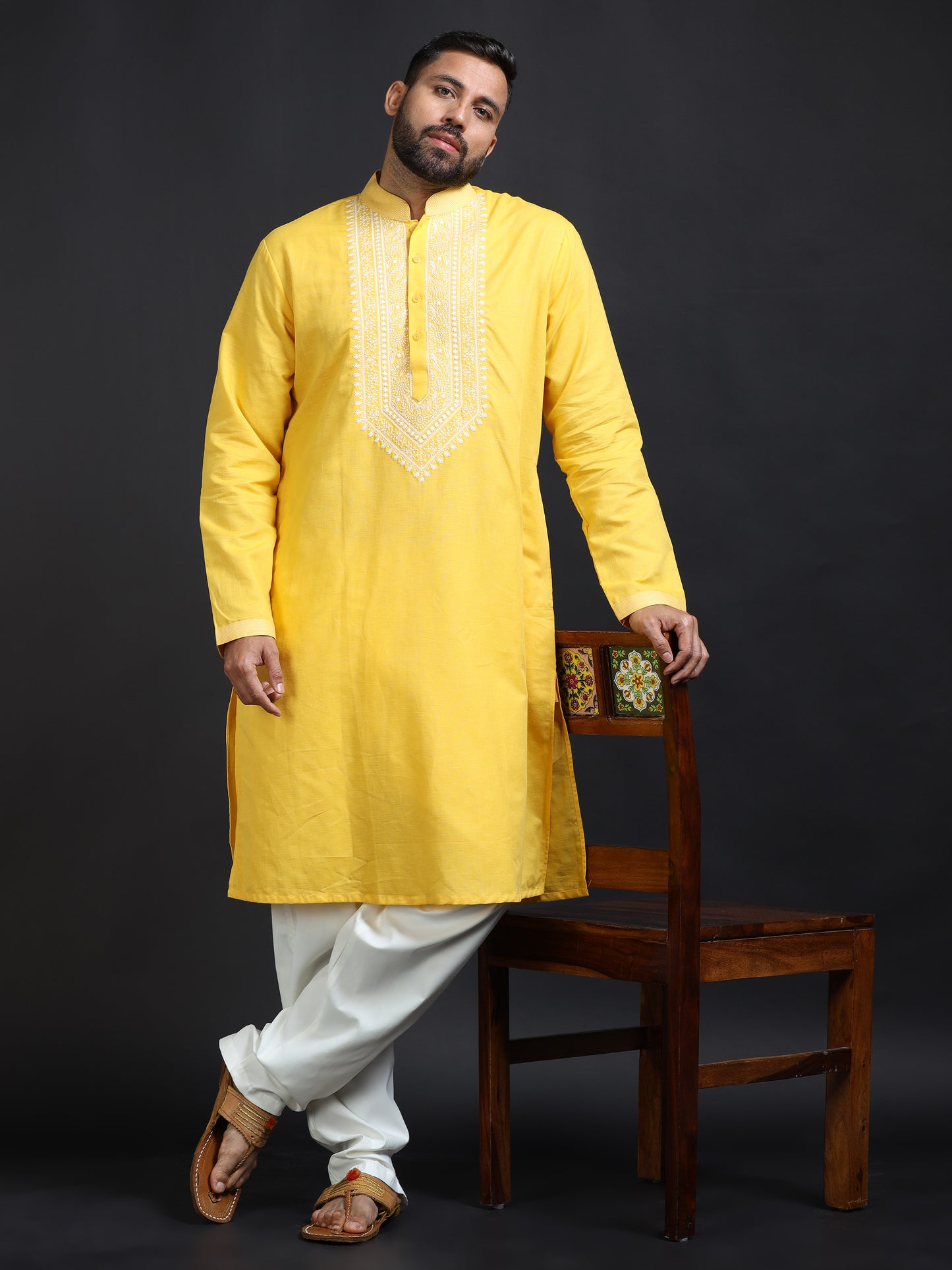 Men’s Yellow Kurta Pajama Set with Ivory Embroidered Neck