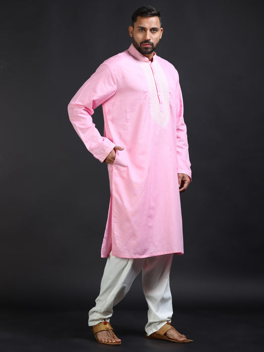 Men Pink Kurta Pyjama Set with Ivory Embroidered Neck