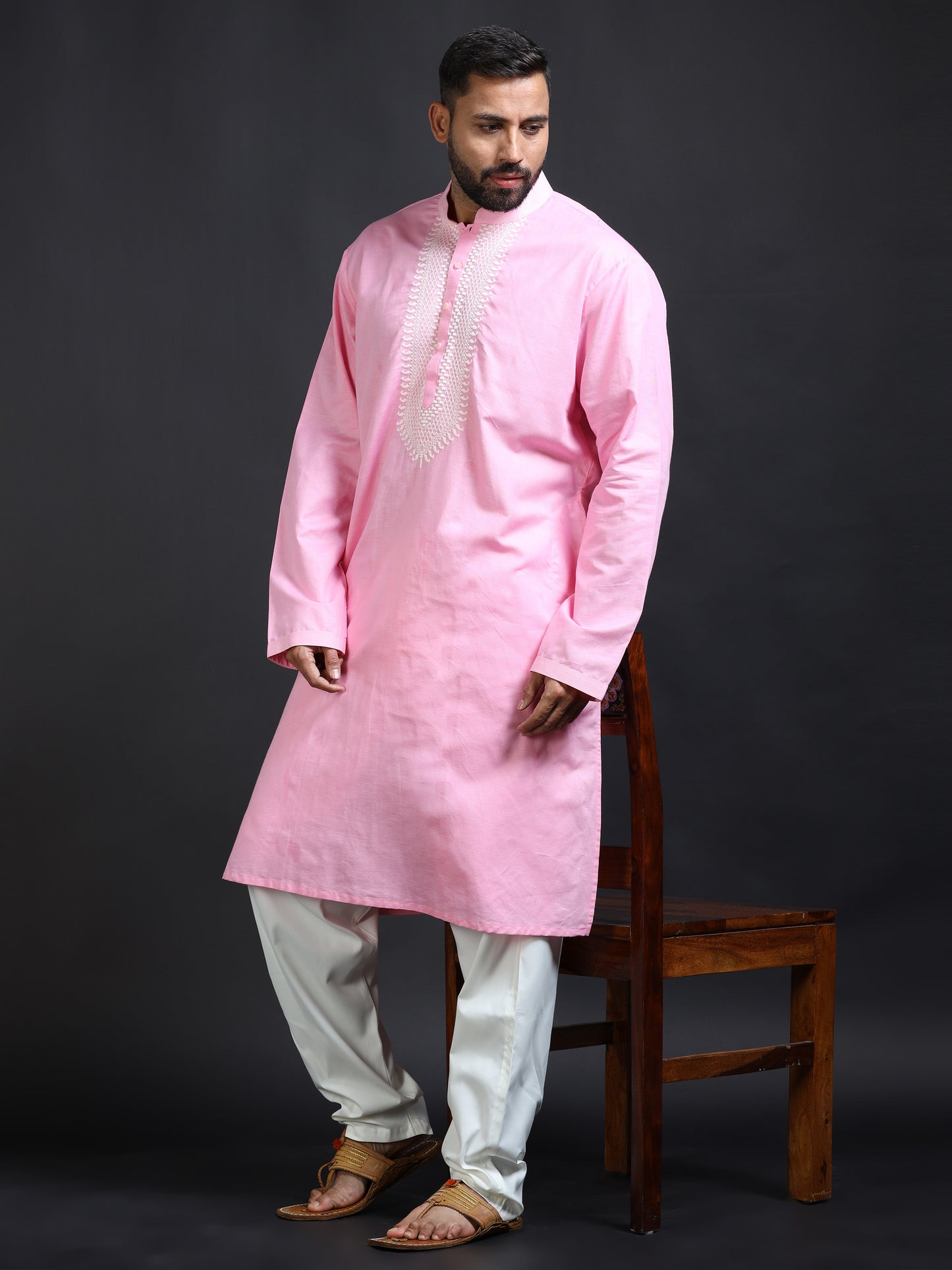 Men Pink Kurta Pyjama Set with Ivory Embroidered Neck