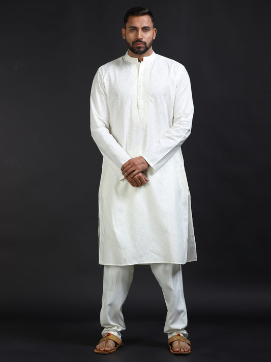 Men's Ivory Cotton Linen Kurta Pyjama Set for Men
