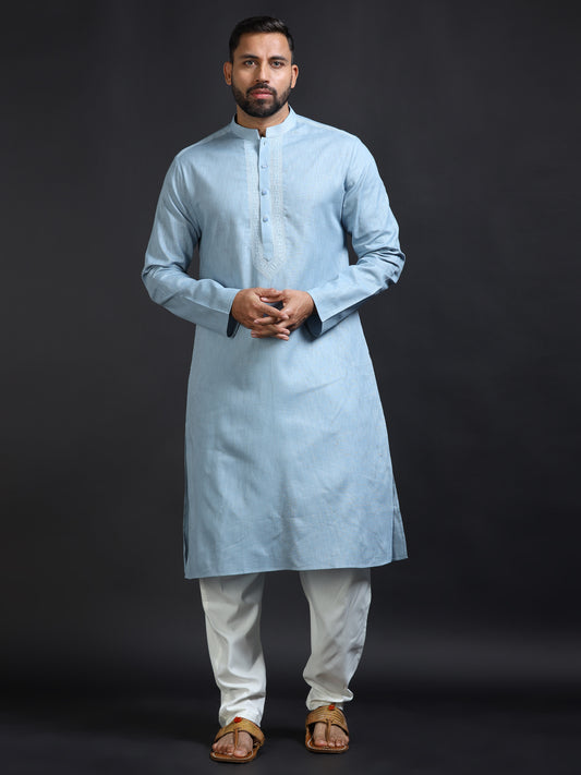 Powder Blue Cotton Linen Kurta Pyjama Set for Men