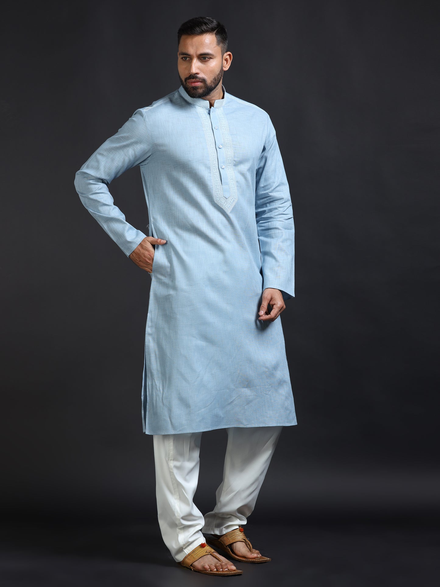 Powder Blue Cotton Linen Kurta Pyjama Set for Men