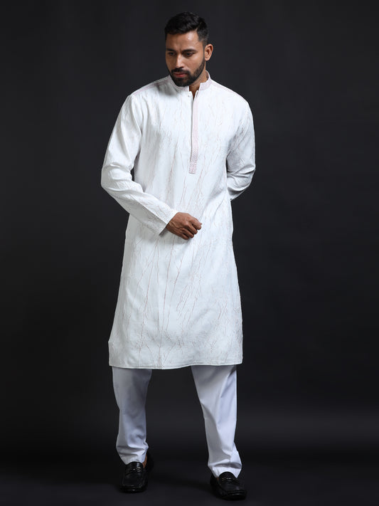 Men’s White Crush Pattern Kurta Set